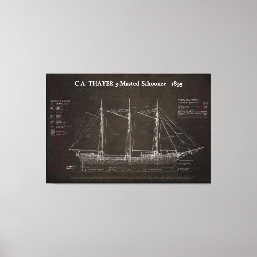 C.A. THAYER 3-Mastered Schooner Blueprint 1895 Leinwanddruck (Vorderseite)
