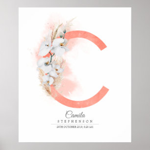 C Buchstabe Monogramm Weiße Orchideen und Pampasgr Poster