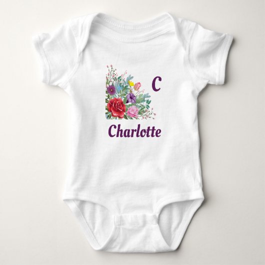 C Charlotte Personalisieren Buchstabenname, Rose B Baby Strampler (Vorderseite)
