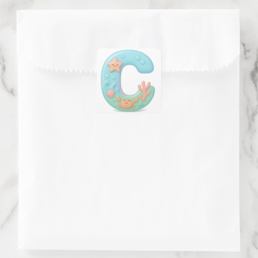 "C" Cute Bubble Letter - Underwater Sea Creature A Quadratischer Aufkleber (Tasche)