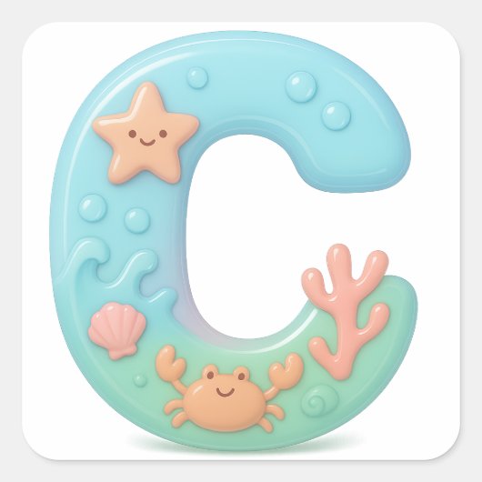"C" Cute Bubble Letter - Underwater Sea Creature A Quadratischer Aufkleber (Vorderseite)