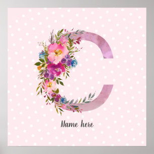 C, Floral Monogramm initial, Aquarellfarben-Blume Poster