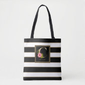 C Gold Floral Monogram | Schwarz-weiße Streifen Tasche (Vorderseite)