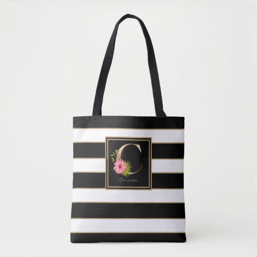 C Gold Floral Monogram | Schwarz-weiße Streifen Tasche (Vorderseite)