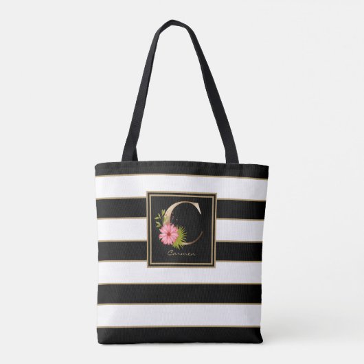 C Gold Floral Monogram | Schwarz-weiße Streifen Tasche (Rückseite)