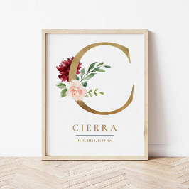 C Letter Monogram Name Marsala Floral Kinderzimmer Poster