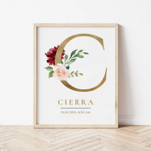 C Letter Monogram Name Marsala Floral Kinderzimmer Poster