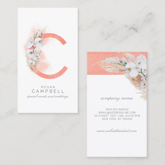 C Letter Monogram White Orchias and Pampas Grass Visitenkarte (Vorne/Hinten)