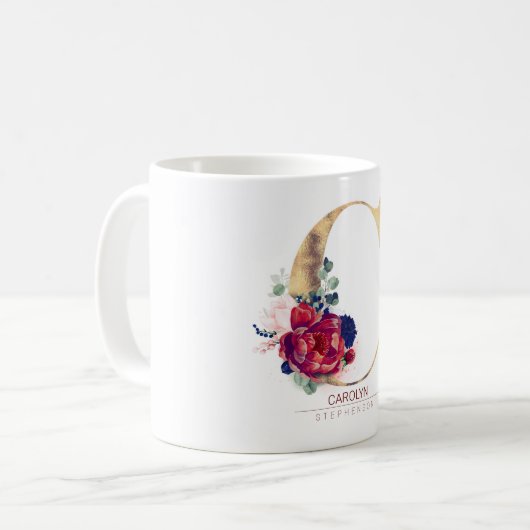 C Monogram Floral Burgund Red and Navy Blue Kaffeetasse (Vorderseite Links)