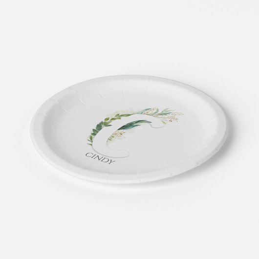 C Monogram Gold Greenerity Blätter Eleganter Name Pappteller (Schrägansicht)