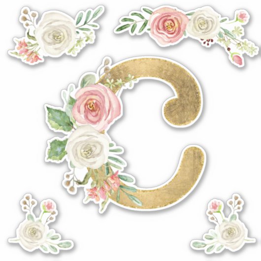 C Monogram Imitate Gold Blush Rose Blumenfarbe Aufkleber (Vorderseite)