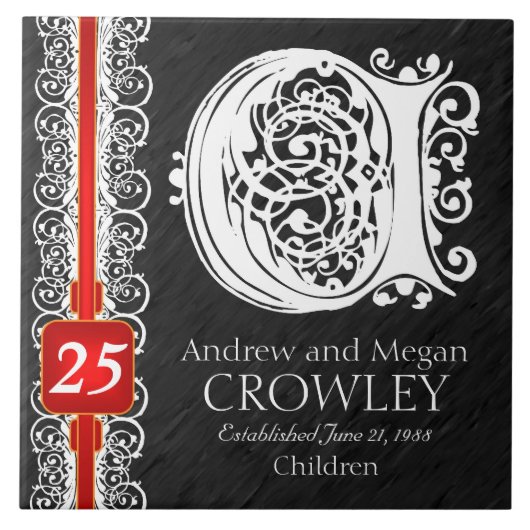 C Monogram "White Lace on Black" Anniversary Tile Fliese (Vorderseite)