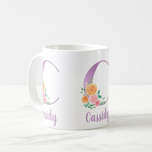 C Monogramm Lila Blumenfarbe Personalisiert Kaffeetasse (Vorderseite Links)
