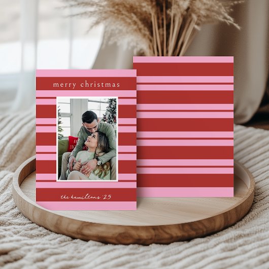 Cabana Pink and red Stripe Preppy Christmas card Einladung