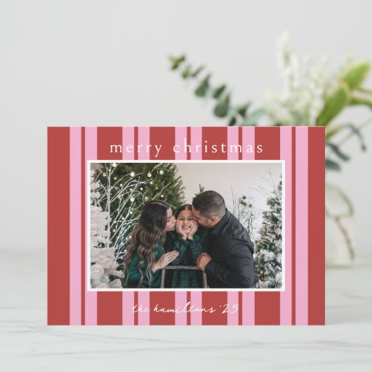 Cabana Pink red Stripe Preppy photo Christmas card Einladung (Stehend Vorderseite)