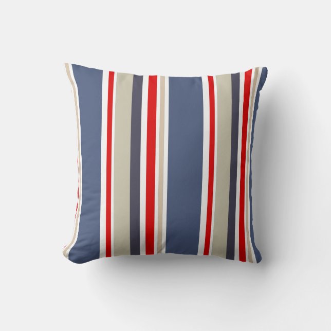Cabana Striped Red White Blue Gray Beige Kissen (Vorderseite)