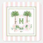 Cabana Stripes Palm Beach Monogram Crest Quadratischer Aufkleber (Vorderseite)