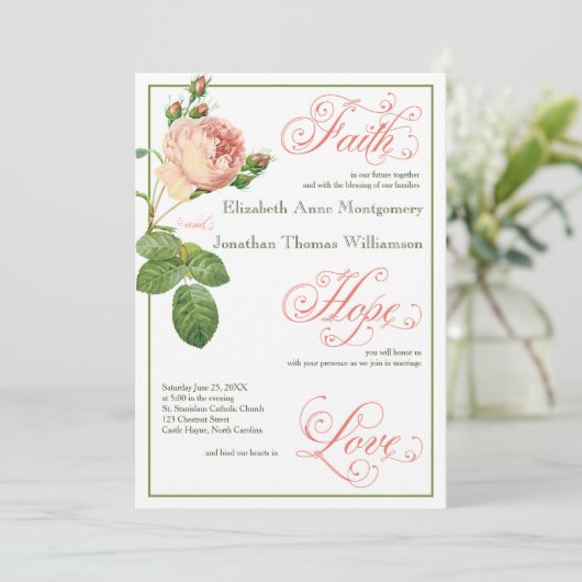 Cabbage Rose Script Christlich Hochzeitseinladung Einladung (Stehend Vorderseite)