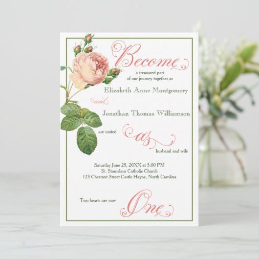 Cabbage Rose Script Christlich Hochzeitseinladung Einladung (Stehend Vorderseite)