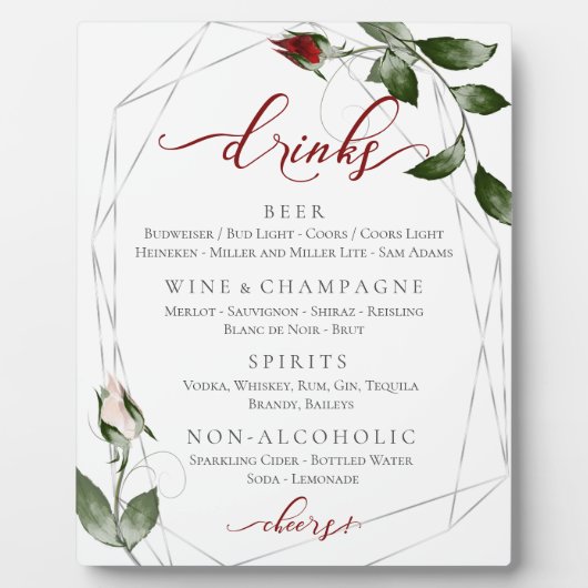 Cabernet Blush Rose Hochzeitsempfang Bar Menu Fotoplatte (Vorderseite)