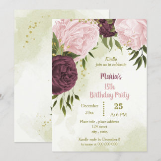 Cabernet rosa Blume grün Blätter Geburtstag Einladung