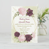 Cabernet Rosa Blume Grün Blätter Hochzeit Einladung (Stehend Vorderseite)