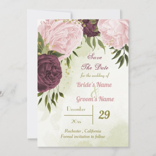 Cabernet rosa Blume grüne Blätter Save The Date (Vorderseite)