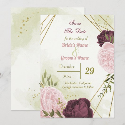 Cabernet rosa Blume grüne Blätter Save The Date (Vorne/Hinten)