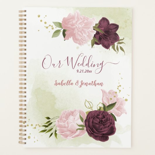 Cabernet & rosa Blume Grüne Hochzeit Planer (Vorderseite)