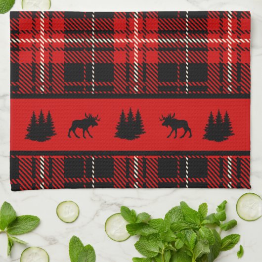 Cabin Black Moose Red Kariert Geschirrtuch (Gefaltet)
