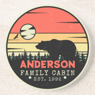 Cabin Familienname Retro Kiefern Bär Souvenir Getränkeuntersetzer