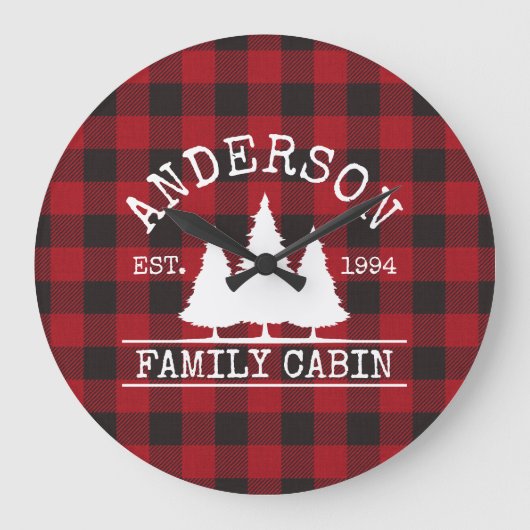 Cabin Family Name Red Buffalo Plaid Große Wanduhr (Vorderseite)