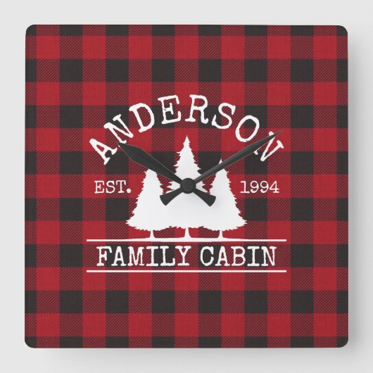 Cabin Family Name Red Buffalo Plaid Quadratische Wanduhr (Vorderseite)
