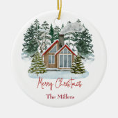 Cabin Frohe Weihnachten individualisierbarer Name Keramik Ornament (Vorne)