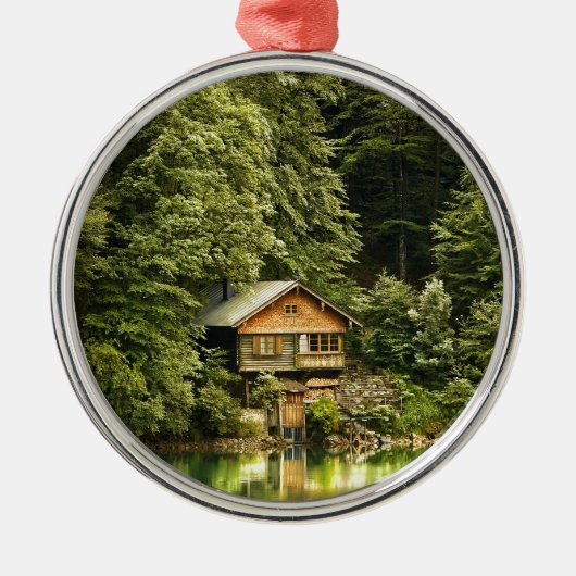 Cabin Lake House Silbernes Ornament (Vorne)