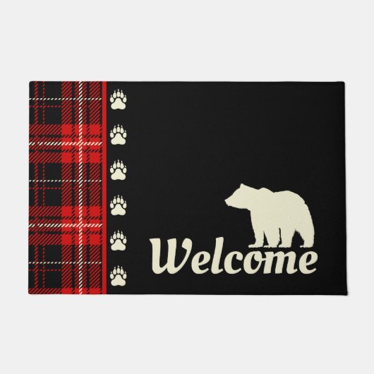 Cabin Red Kariert Bear Willkommen Fußmatte (Vorderseite)