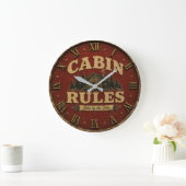 Cabin Rules Rustic Lake Cabin Große Wanduhr (Zuhause)