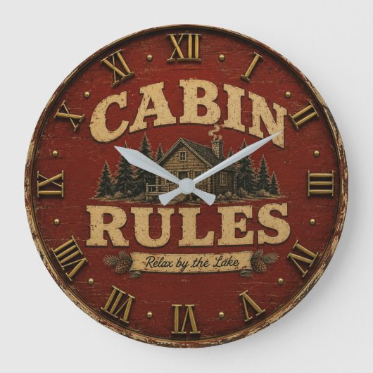 Cabin Rules Rustic Lake Cabin Große Wanduhr (Vorderseite)