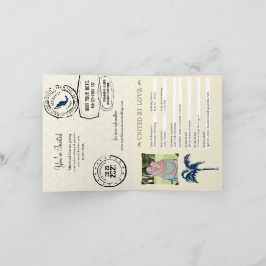 Cabo Mexico Navy Blue Palm Tree Passport Hochzeit Einladung (Innenseite)