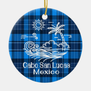 Cabo San Lucas Mexiko über Blue Tartan Weihnachten Keramik Ornament