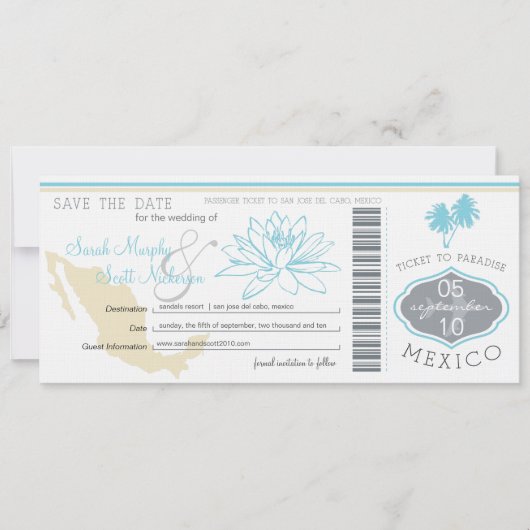 Cabo Save the Date Boarding Pass nach Mexiko (Vorderseite)