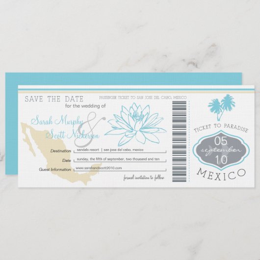 Cabo Save the Date Boarding Pass nach Mexiko (Vorne/Hinten)
