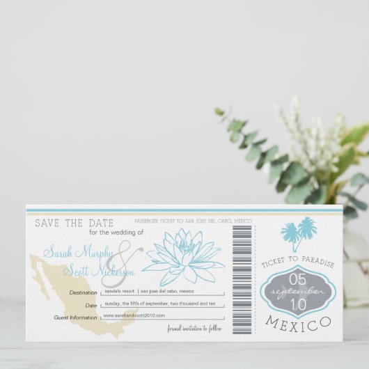 Cabo Save the Date Boarding Pass nach Mexiko (Stehend Vorderseite)