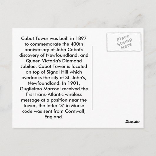 Cabot Tower Postkarte (Rückseite)