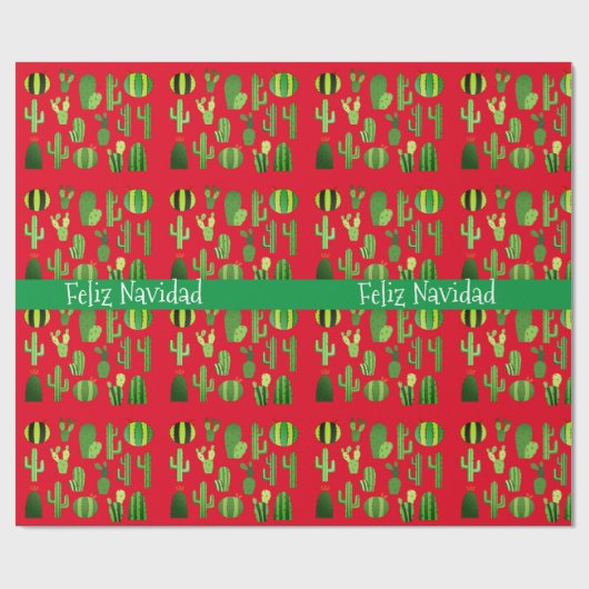 Cacti auf Red Feliz Navidad Geschenkpapier (Flach)