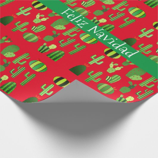 Cacti auf Red Feliz Navidad Geschenkpapier (Ecke)