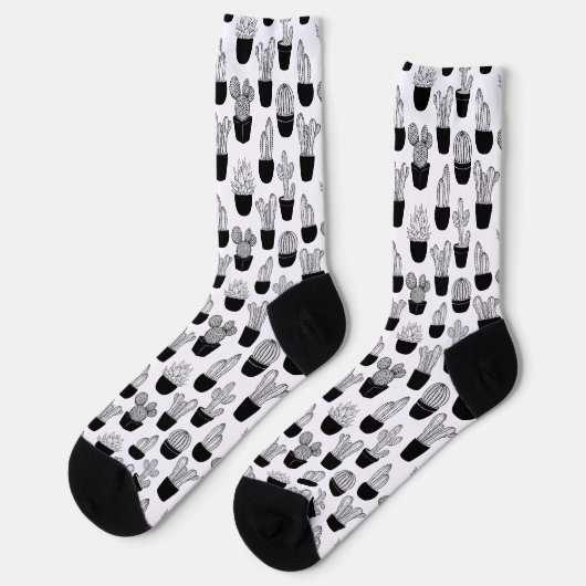Cacti Black Line Art kleines Muster Socken (Linkes Detail)