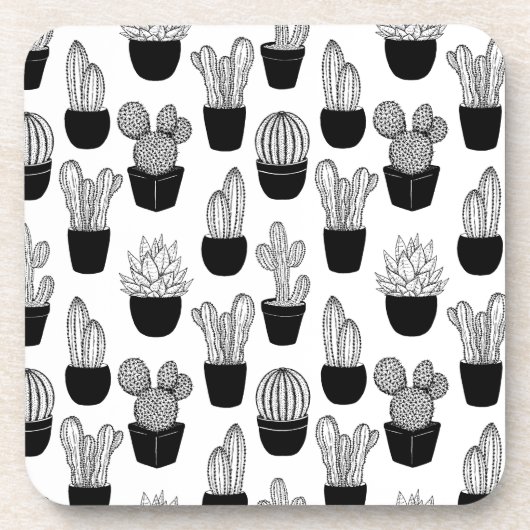 Cacti Black Line Art Pattern Getränkeuntersetzer (Vorderseite)
