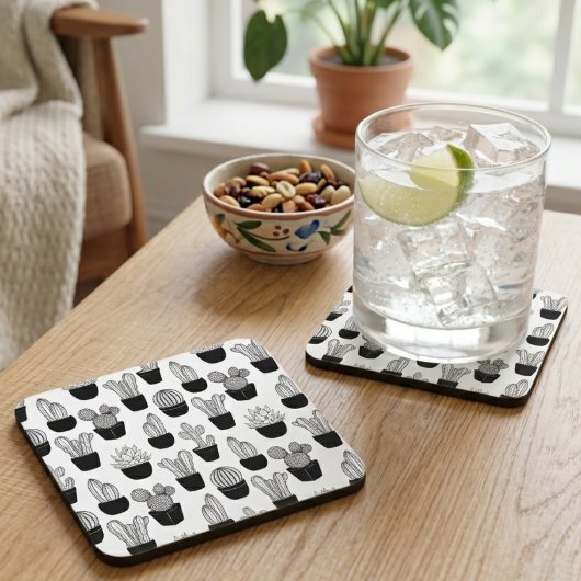 Cacti Black Line Art Pattern Getränkeuntersetzer