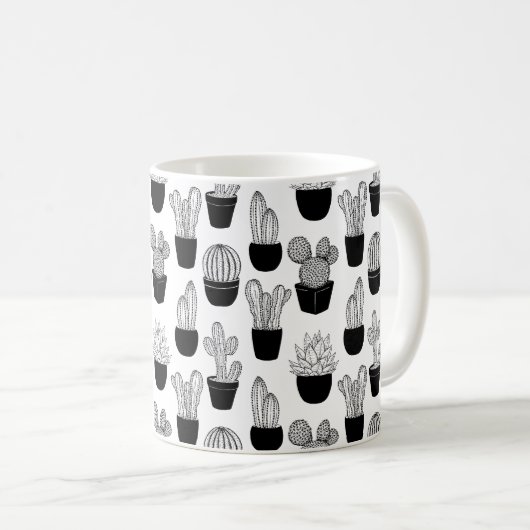 Cacti Black Line Art Pattern Kaffeetasse (VorderseiteRechts)